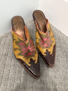 BCBGirls Yellow Woven Mules with Pink & Green Floral Applique